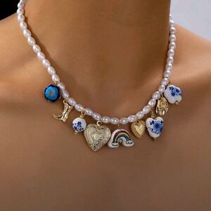 Pearl Charm Necklace with Gold and Blue Accents